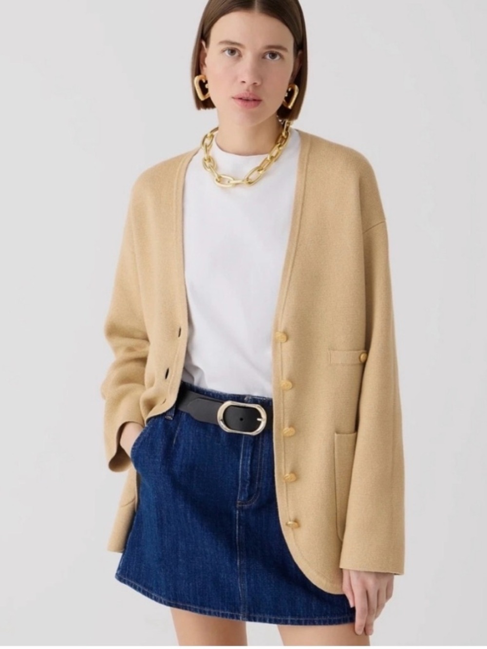 J.Crew Camel Sweater Blazer M Oversized V-Neck Gold Buttons Cotton